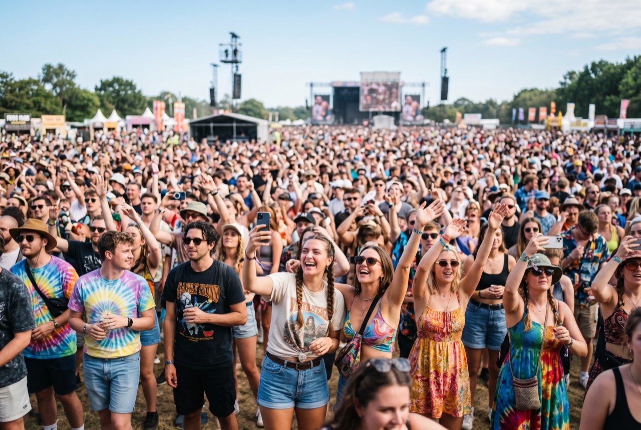 A dense night-festival crowd, a sea of glowing phones