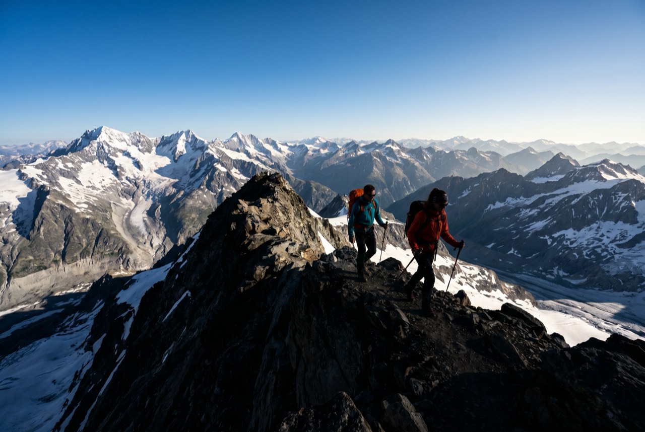 Hikers on a high mountain ridgeline, far from coverage