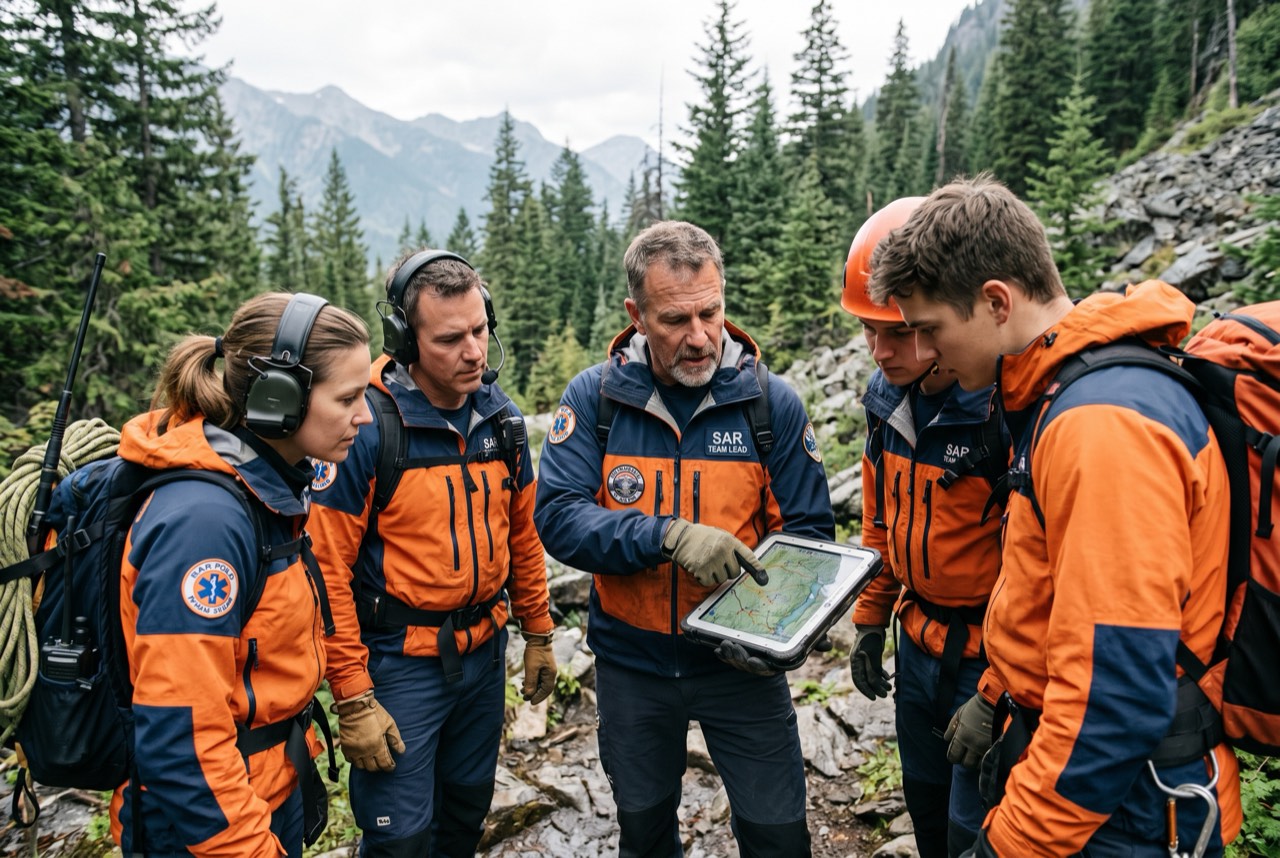 Search-and-rescue responders coordinating on a tablet, dark city skyline